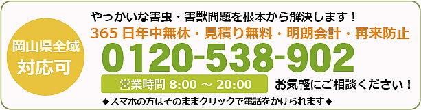 岡山県害虫(害獣)駆除電話お問い合わせ「0120-538-902」