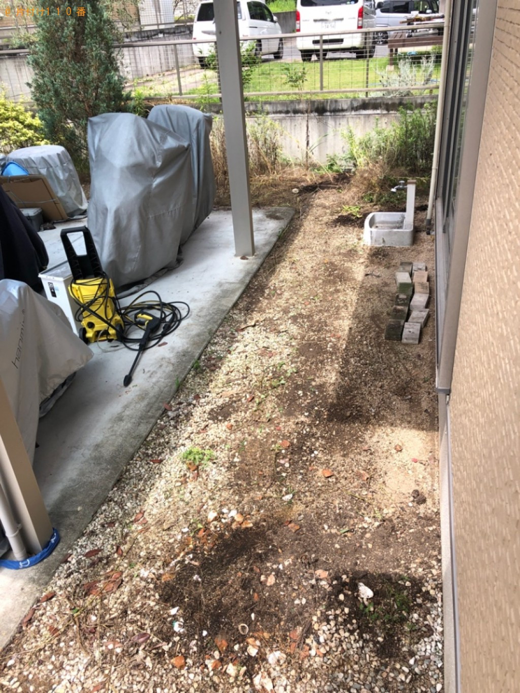【赤磐市】ウッドデッキ、剪定後の庭木等の回収と草刈り・木の剪定